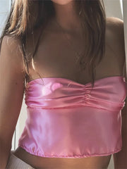 Sleeveless Tube Satin Halter Y2K Backless Bandage Female Fashion Club Party Tank Crop Top