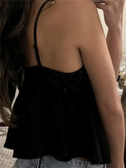 Vintage Lace Patchwork Deep V-neck for Sleeveless Strap Front Split Y2K Black Lace-up Mini Vest  Crop Top