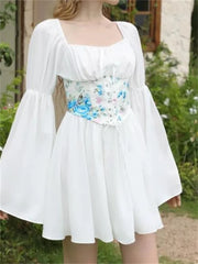 Off-Shoulder 3D Flowers Long Sleeve Mini Dresses