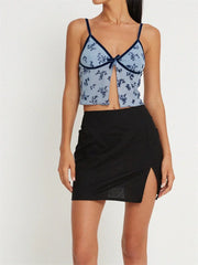 Sleeveless Strap V-neck for Front Split Floral Print Summer Party Streetwear Mini Vests Crop Top