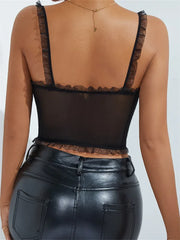 Vintage Sleeveless Strap Low-cut Backless Tie-up Embroidery Flower See-through Summer Mini Vest  Crop Top