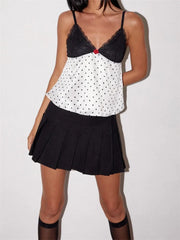Vintage Camisoles Sleeveless V-neck Backless Lace Patchwork Dot Print Summer Mini Vest for Party Club  Crop Top