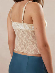 Vintage Lace Mesh See Through Summer Strap Front Bow Patchwork Square Neck Mini Vest Crop Top