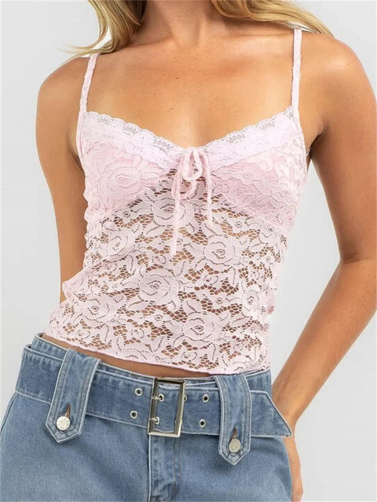 Vintage Lace Spaghetti Strap Sleeveless Backless V-neck Mini Party Streetwear  Crop Top