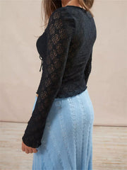 Vintage Spring Fall Slim Fit Lace Low Cut Tie Up Party Clubwear  T-shirts