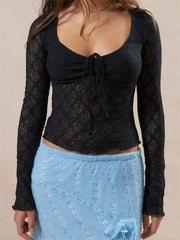 Vintage Spring Fall Slim Fit Lace Low Cut Tie Up Party Clubwear  T-shirts
