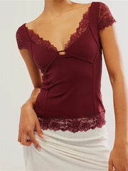 Vintage T-shirts V Neck Short Sleeve Backless Lace Patchwork Summer Party Slim Fit Tees Streetwear  Crop Top