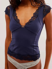 Vintage T-shirts V Neck Short Sleeve Backless Lace Patchwork Summer Party Slim Fit Tees Streetwear  Crop Top