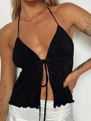 Backless Halter Tie-up Cute Mini Vest Sleeveless Deep V-neck Off Shoulder Streetwear  Crop Top