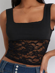 Camisole Sleeveless Cropped Square Neck Lace Patchwork Slim Fit Summer Vest for Party Club Streetwear  Crop Top
