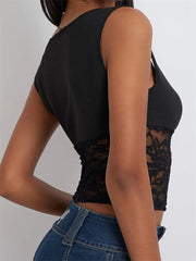 Camisole Sleeveless Cropped Square Neck Lace Patchwork Slim Fit Summer Vest for Party Club Streetwear  Crop Top