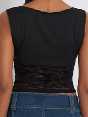 Camisole Sleeveless Cropped Square Neck Lace Patchwork Slim Fit Summer Vest for Party Club Streetwear  Crop Top