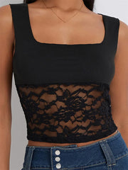 Camisole Sleeveless Cropped Square Neck Lace Patchwork Slim Fit Summer Vest for Party Club Streetwear  Crop Top