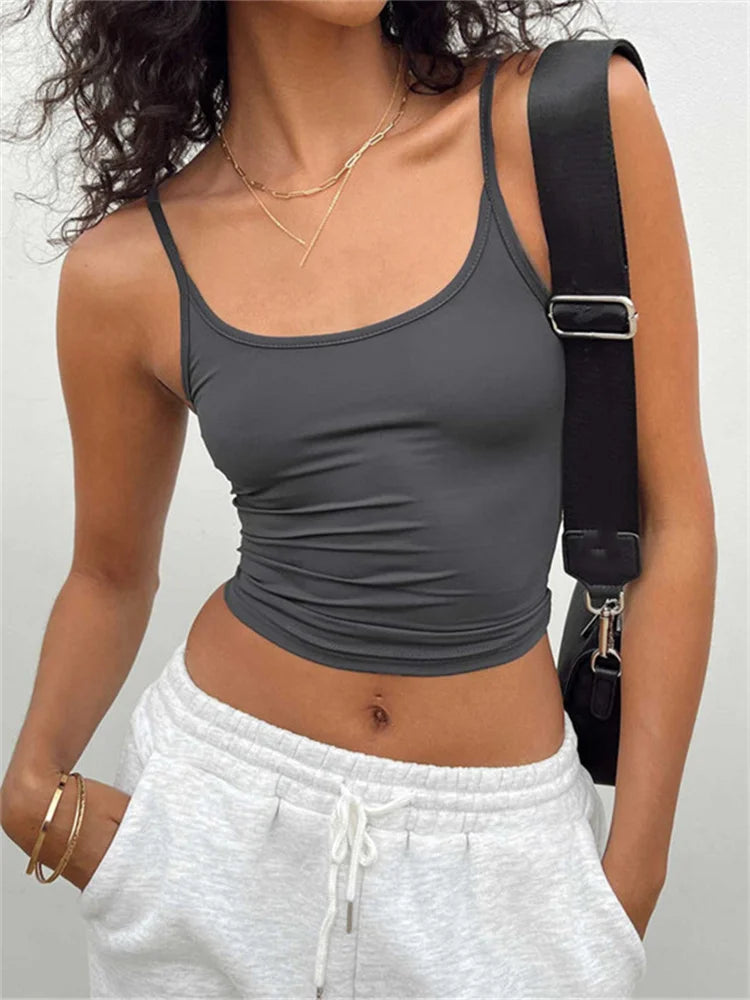 Casual Sleeveless Strap Summer Solid Slim Fit Pullovers Mini Vest Female Streetwear Basic Crop Top