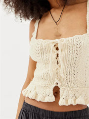 Crochet Knitted Mini Vest Summer Clubwear Y2K Square Neck Sleeveless Tie Up Vintage Casual Streetwear Crop Top