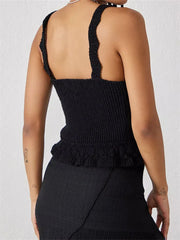 Crochet Knitted Mini Vest Summer Clubwear Y2K Square Neck Sleeveless Tie Up Vintage Casual Streetwear Crop Top
