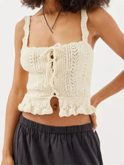 Crochet Knitted Mini Vest Summer Clubwear Y2K Square Neck Sleeveless Tie Up Vintage Casual Streetwear Crop Top