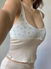 Floral Print Lace Patchwork Summer Backless Basic Mini Vest Sleeveless for Streetwear  Crop Top