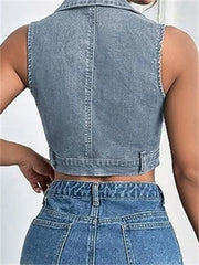 Cropped Sleeveless V-neck Turn-down Collar Front Zip Up Denim Mini Vest Summer Party Streetwear  Crop Top