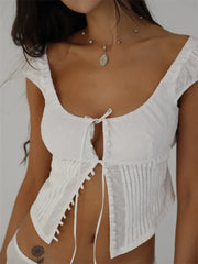 Elegant Ruched Sleeveless Spaghetti Strap Button Tie-up Slim Fit Vintage Backless Top Summer Clothes Crop Top