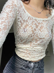 Fairy Grunge Vintage Kawaii Lace Mesh See Through White  T-shirts
