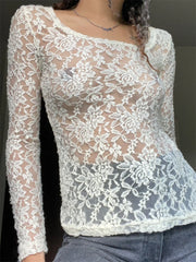 Fairy Grunge Vintage Kawaii Lace Mesh See Through White  T-shirts