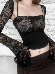 Fashion Going Out Sleeveless Lace Floral Black Mini Vest with Long Sleeve Shrug Streetwear  Crop Top