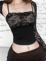 Fashion Going Out Sleeveless Lace Floral Black Mini Vest with Long Sleeve Shrug Streetwear  Crop Top