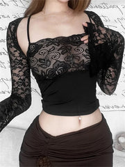 Fashion Going Out Sleeveless Lace Floral Black Mini Vest with Long Sleeve Shrug Streetwear  Crop Top