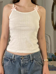 Fashion Sleeveless Strap Camisoles Bowknot Embellished Vests Summer Slim Fit Short Streetwear  Crop Top
