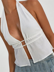 Front Split Low Cut Halter Sleeveless Backless Off Shoulder Lace-up  Mini Vest Streetwear Crop Top