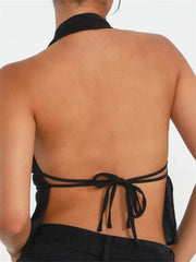 Front Split Low Cut Halter Sleeveless Backless Off Shoulder Lace-up  Mini Vest Streetwear Crop Top