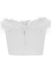 Fur Feather Patchwork Tube  New Summer Strapless Off Shoulder Backless Back Zip Up Slim Vest Crop Top