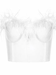 Fur Feather Patchwork Tube  New Summer Strapless Off Shoulder Backless Back Zip Up Slim Vest Crop Top