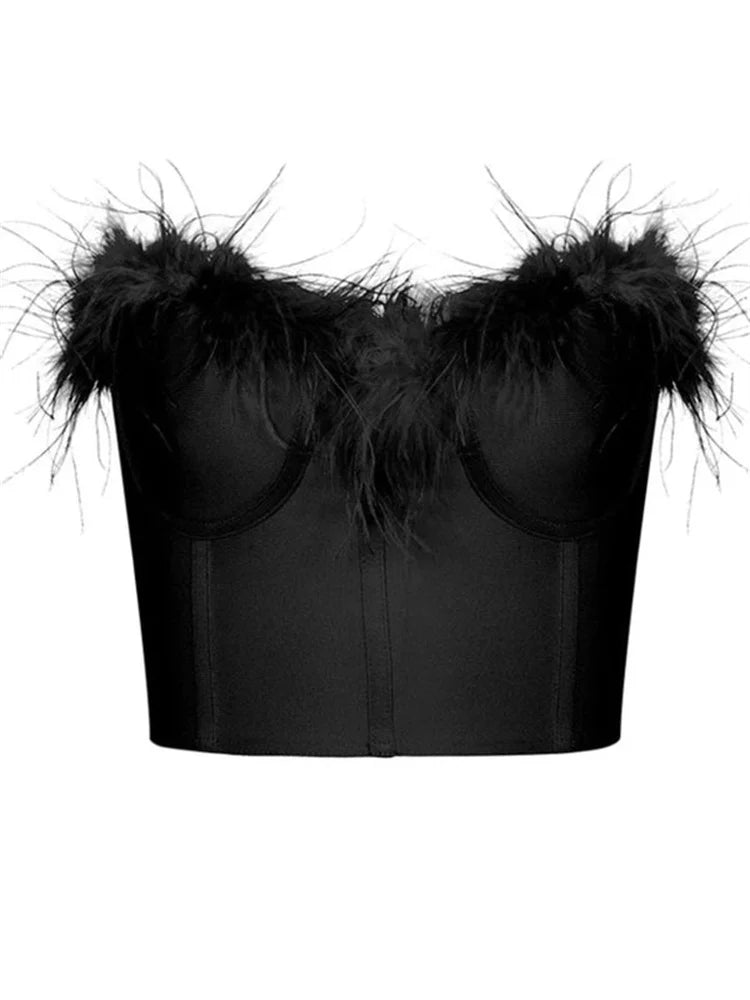 Fur Feather Patchwork Tube  New Summer Strapless Off Shoulder Backless Back Zip Up Slim Vest Crop Top