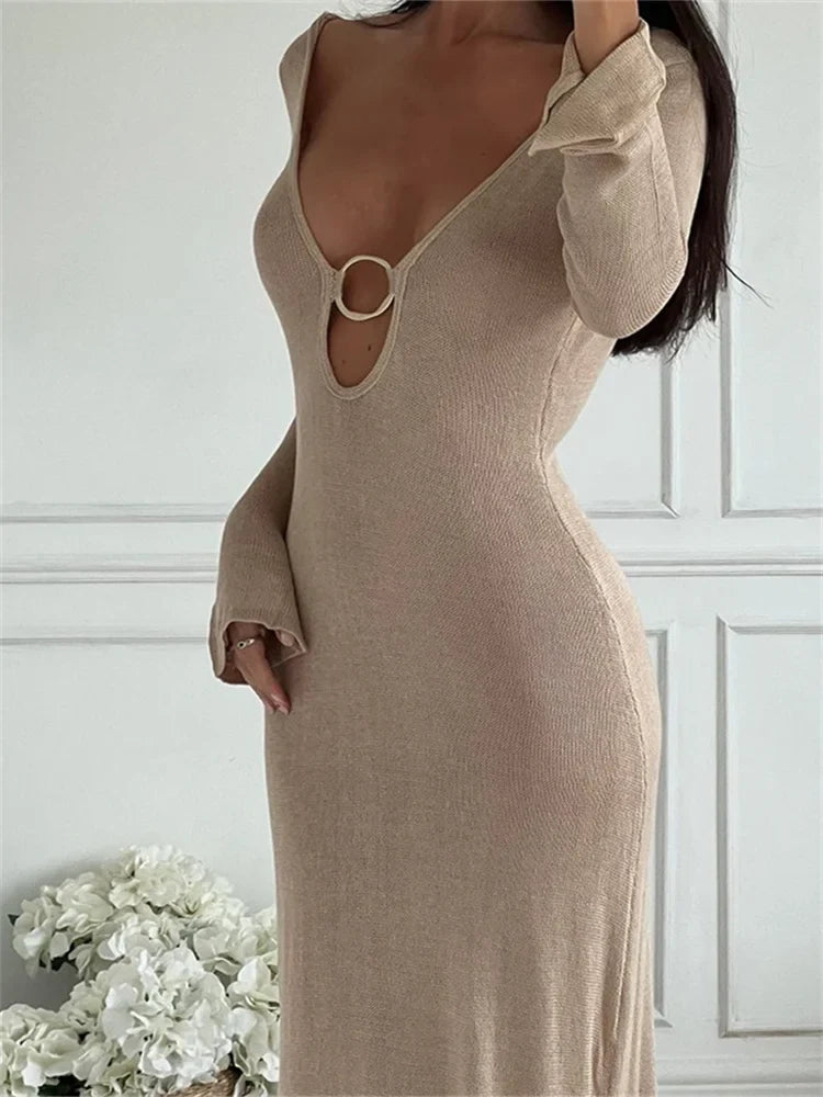 Solid Deep V-neck Backless Party Dress Cut Out Dresses