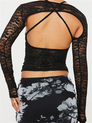 Lace Spaghetti Strap Sleeveless Backless See Through Mini Vest with Long Sleeve Shrugs  New Crop Top