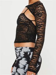 Lace Spaghetti Strap Sleeveless Backless See Through Mini Vest with Long Sleeve Shrugs  New Crop Top