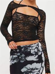 Lace Spaghetti Strap Sleeveless Backless See Through Mini Vest with Long Sleeve Shrugs  New Crop Top