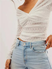 Lace Floral Fairy Grunge V Neck Ruched Solid Color  T-shirts