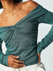 Lace Floral Fairy Grunge V Neck Ruched Solid Color  T-shirts
