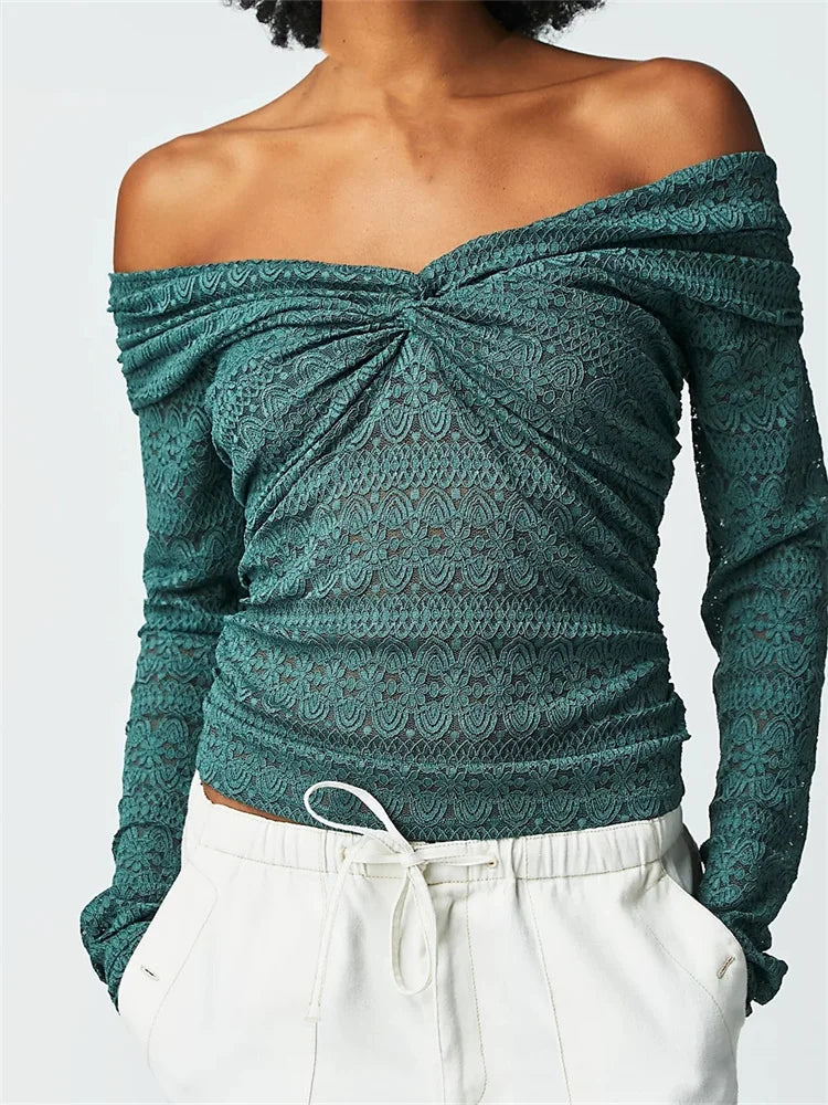 Lace Floral Fairy Grunge V Neck Ruched Solid Color  T-shirts