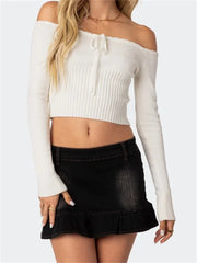 Off-Shoulder Crop Knitwear Solid Color Long Sleeve Tie-up Slim Fit  T-shirts