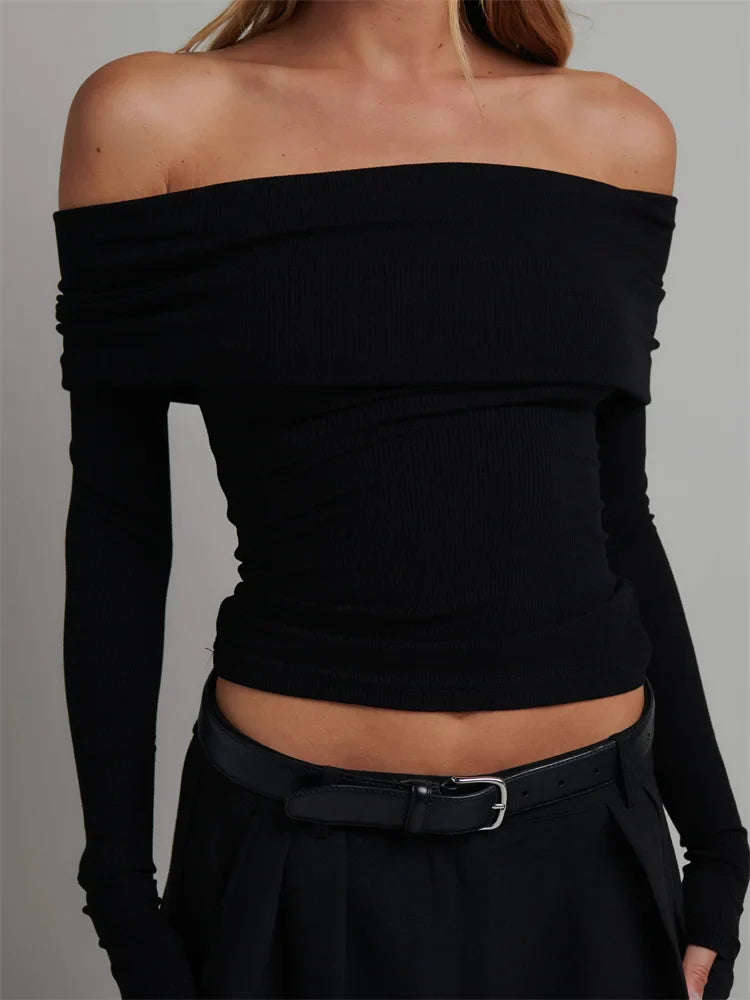 Knitted Ribbed Slash Neck Solid Streetwear  T-shirts