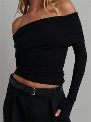Knitted Ribbed Slash Neck Solid Streetwear  T-shirts