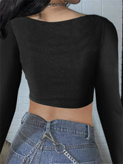 Ribbed Causal Spring Autumn Solid Buttons Streetwear T-shirts