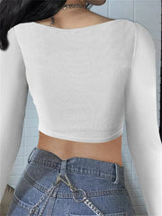 Ribbed Causal Spring Autumn Solid Buttons Streetwear T-shirts