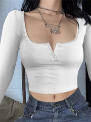 Ribbed Causal Spring Autumn Solid Buttons Streetwear T-shirts