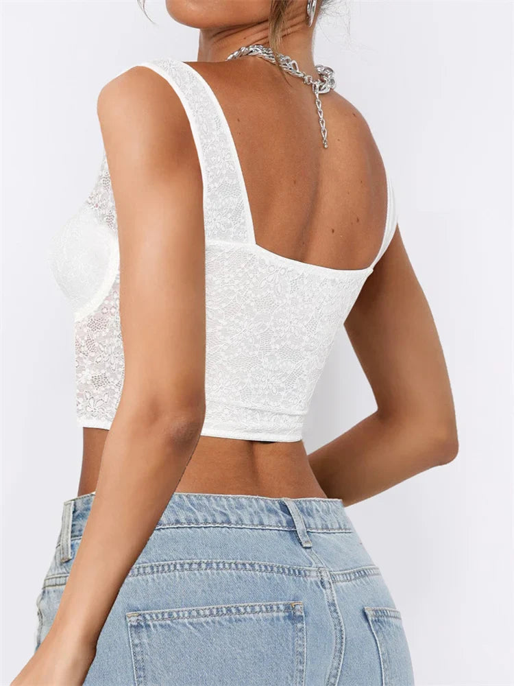 See Through Mesh Sheer Camisoles  Lace Slim Fit Low Cut Square Neck Buttons Vest Streetwear Crop Top