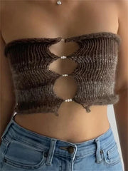 Backless Tube Y2K Hollow Out Knitted  Summer Sleeveless Strapless Mini Vest Club Crop Top